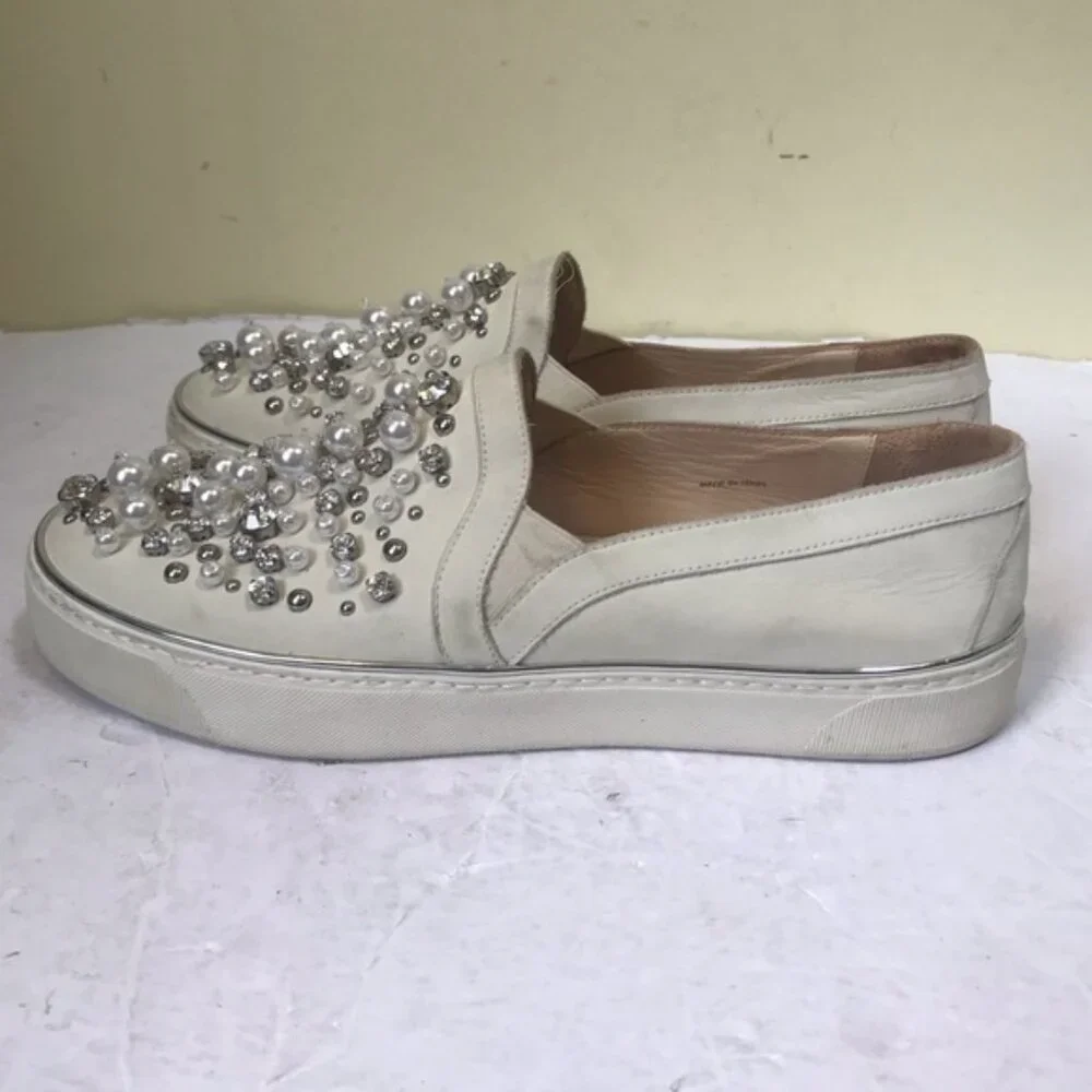 Stuart Weitzman Pearl Embellished Leather SlipOn Platform Sneakers Shoe Slides 7 - Picture 4 of 16